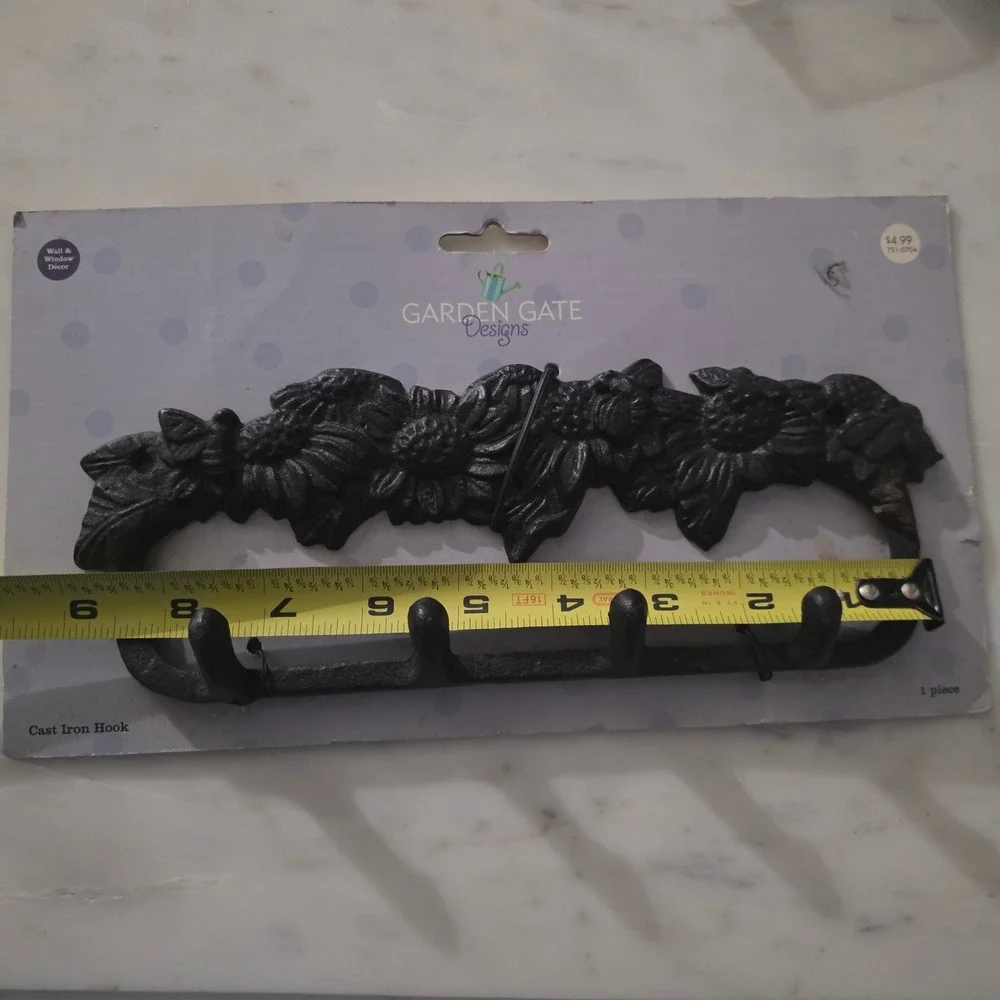 Garden Gate Designs Cast Iron Sunflower Wall Hook Rack Black Floral 4-Hook 9in